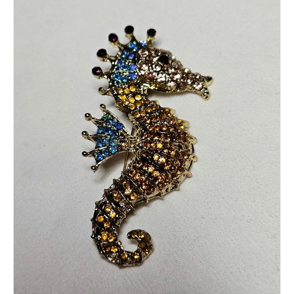 Seahorse Brooch Pin Womens OS Gold Blue Amber Rhinestone Nautical Beach